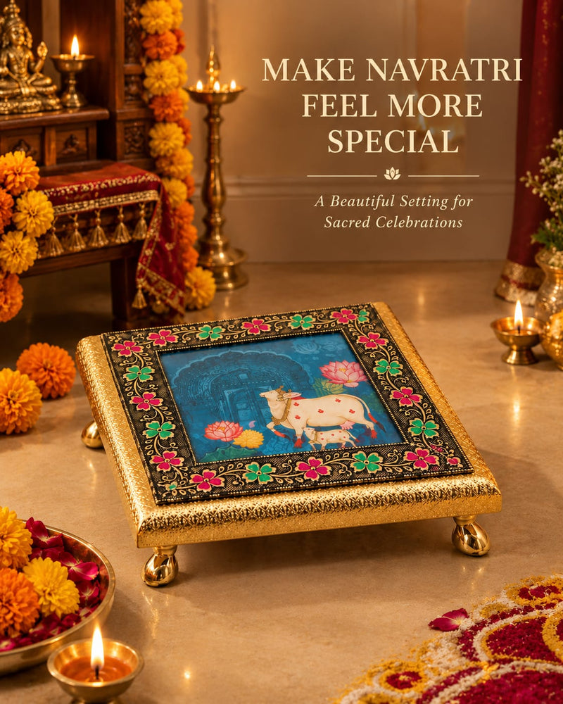 Handcrafted Brass-Finished Pichwai Puja Chowki