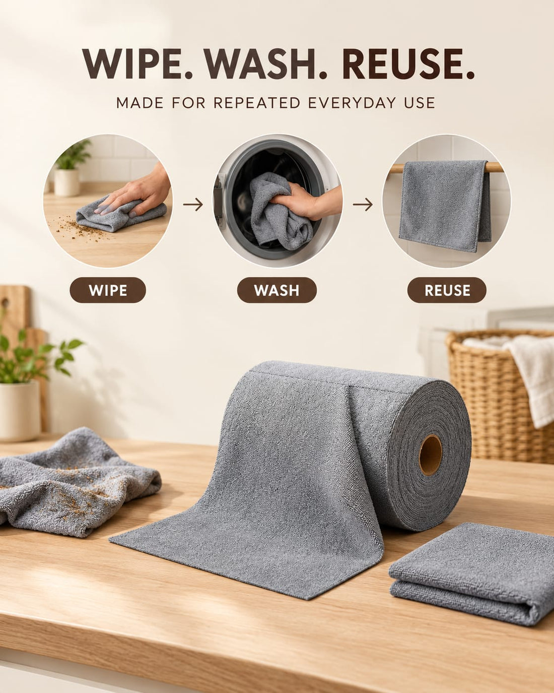 Multipurpose Reusable Microfiber Wipe Roll for Home & Kitchen Cleaning