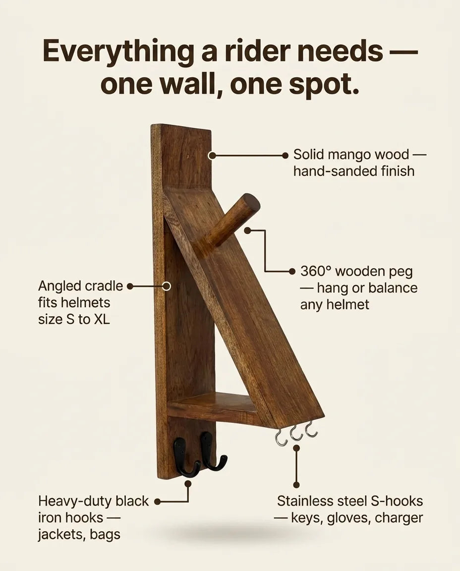 Solid Teak Wooden Helmet Holder Wall Mount with Key Hooks
